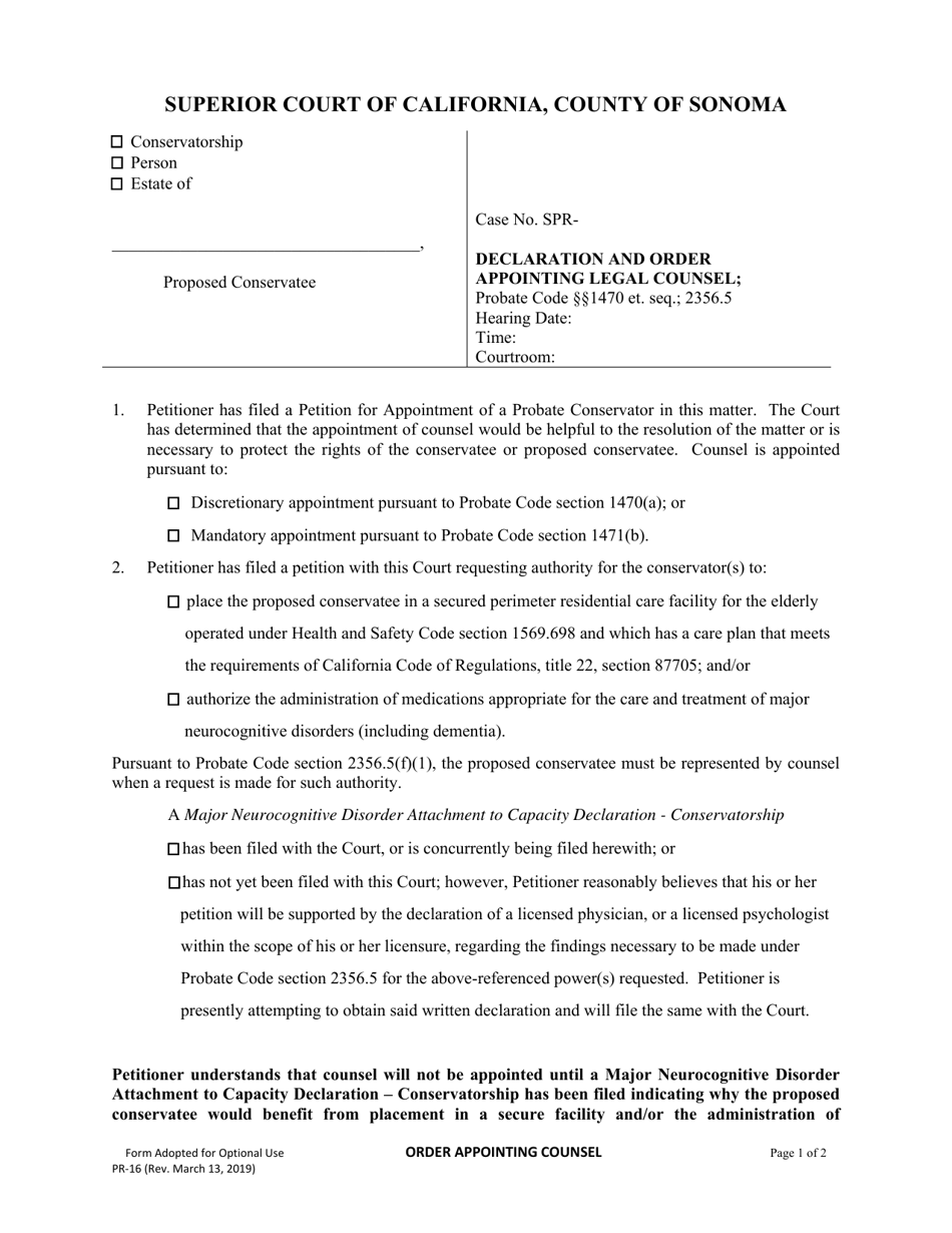 Form PR-16 Declaration and Order Appointing Legal Counsel - County of Sonoma, California, Page 1