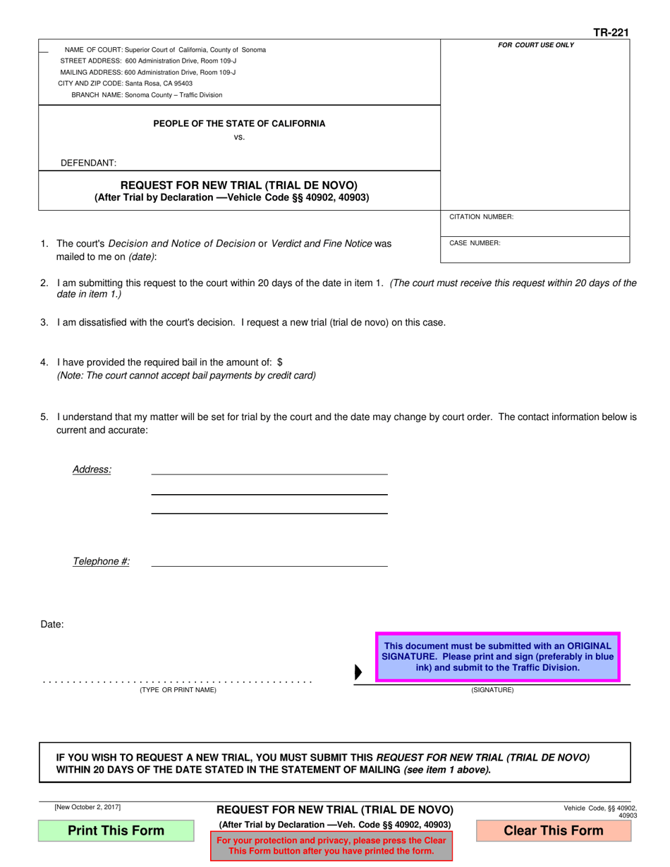 Form TR-221 Request for New Trial (Trial De Novo) - County of Sonoma, California, Page 1