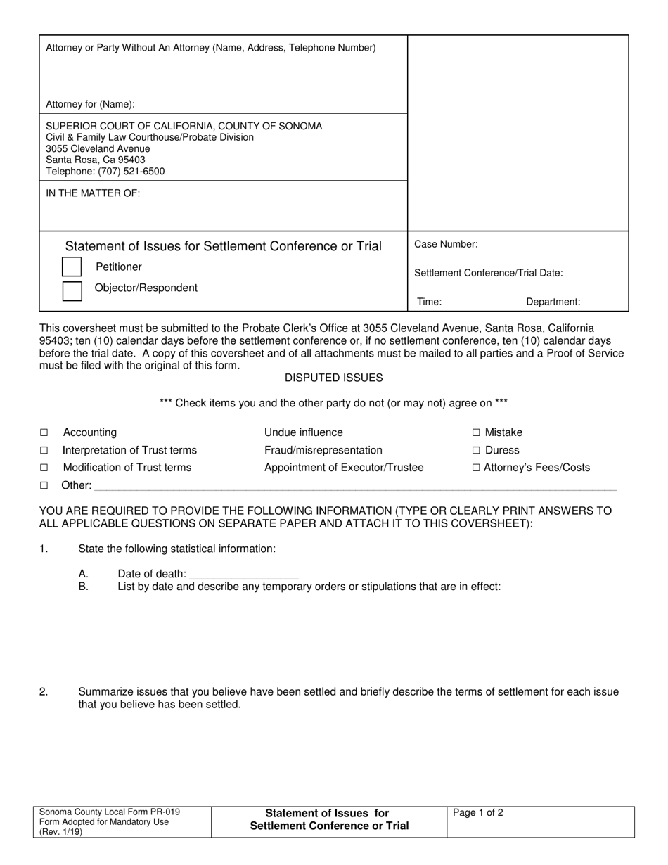 Form PR-019 Statement of Issues for Settlement Conference or Trial - County of Sonoma, California, Page 1