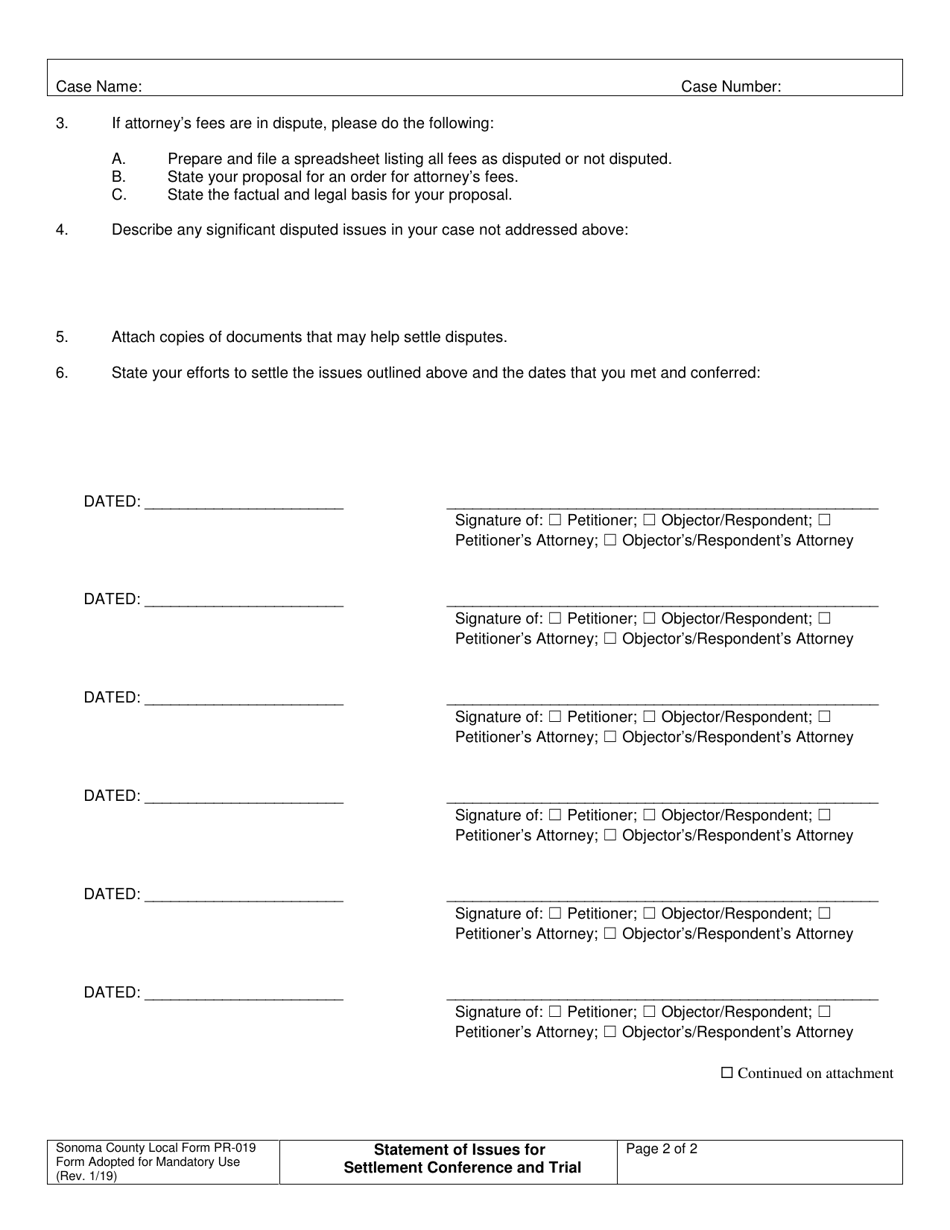 Form PR-019 Statement of Issues for Settlement Conference or Trial - County of Sonoma, California, Page 2