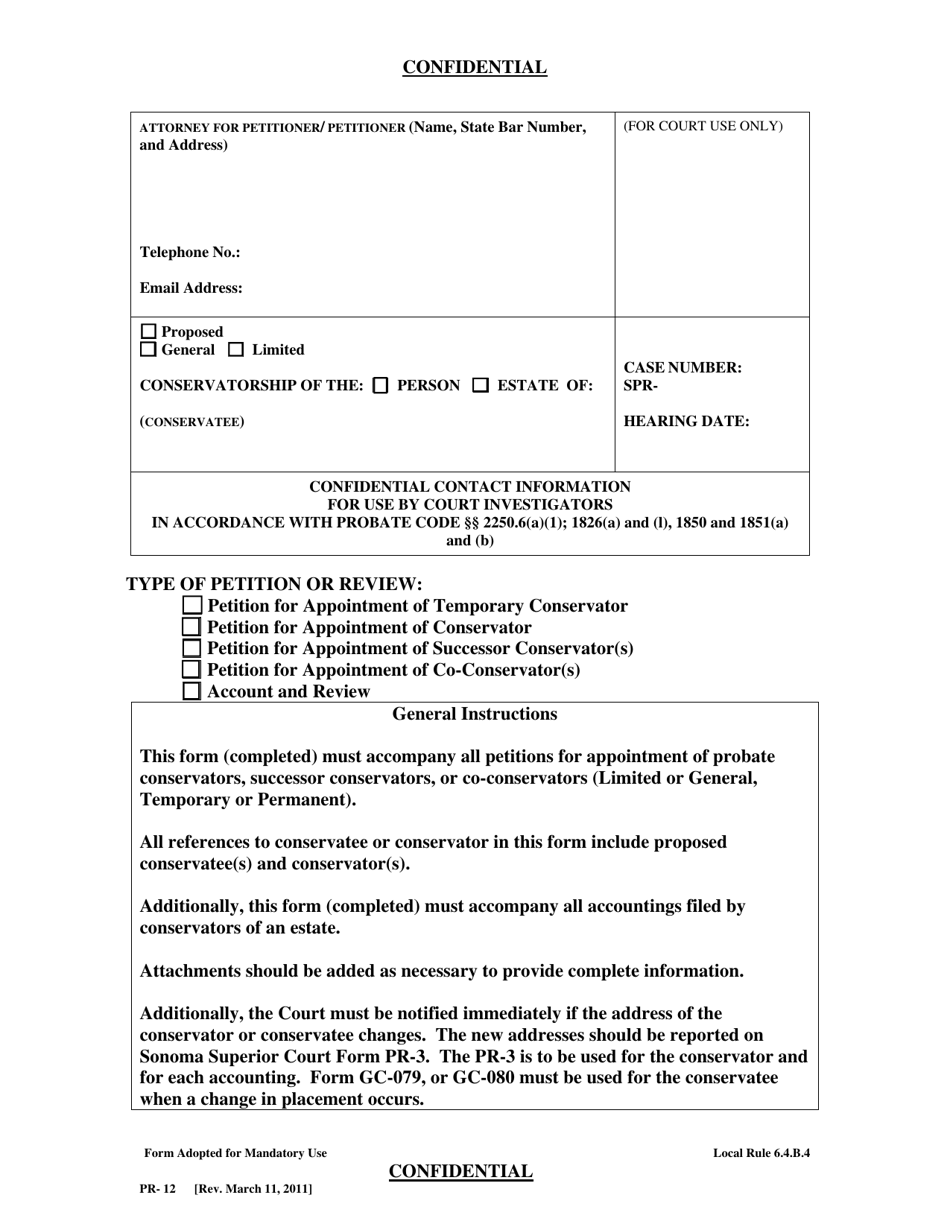 Form PR-12 Confidential Contact Information - County of Sonoma, California, Page 1