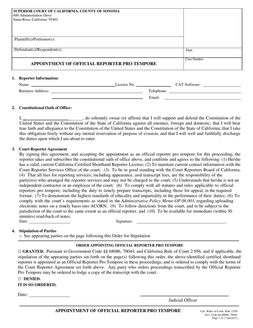Appointment of Official Reporter Pro Tempore - County of Sonoma, California Download Pdf