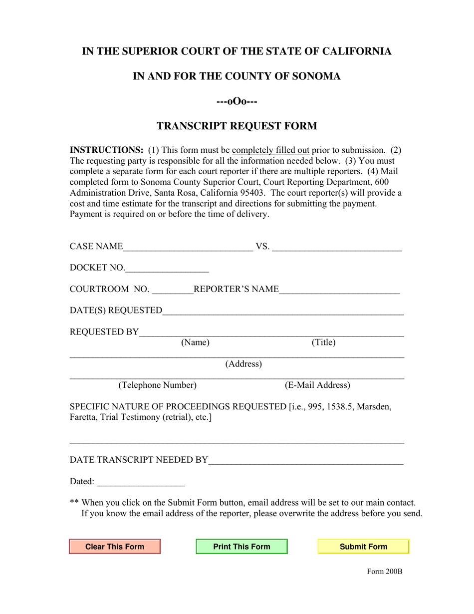Form 200B Transcript Request Form - County of Sonoma, California, Page 1