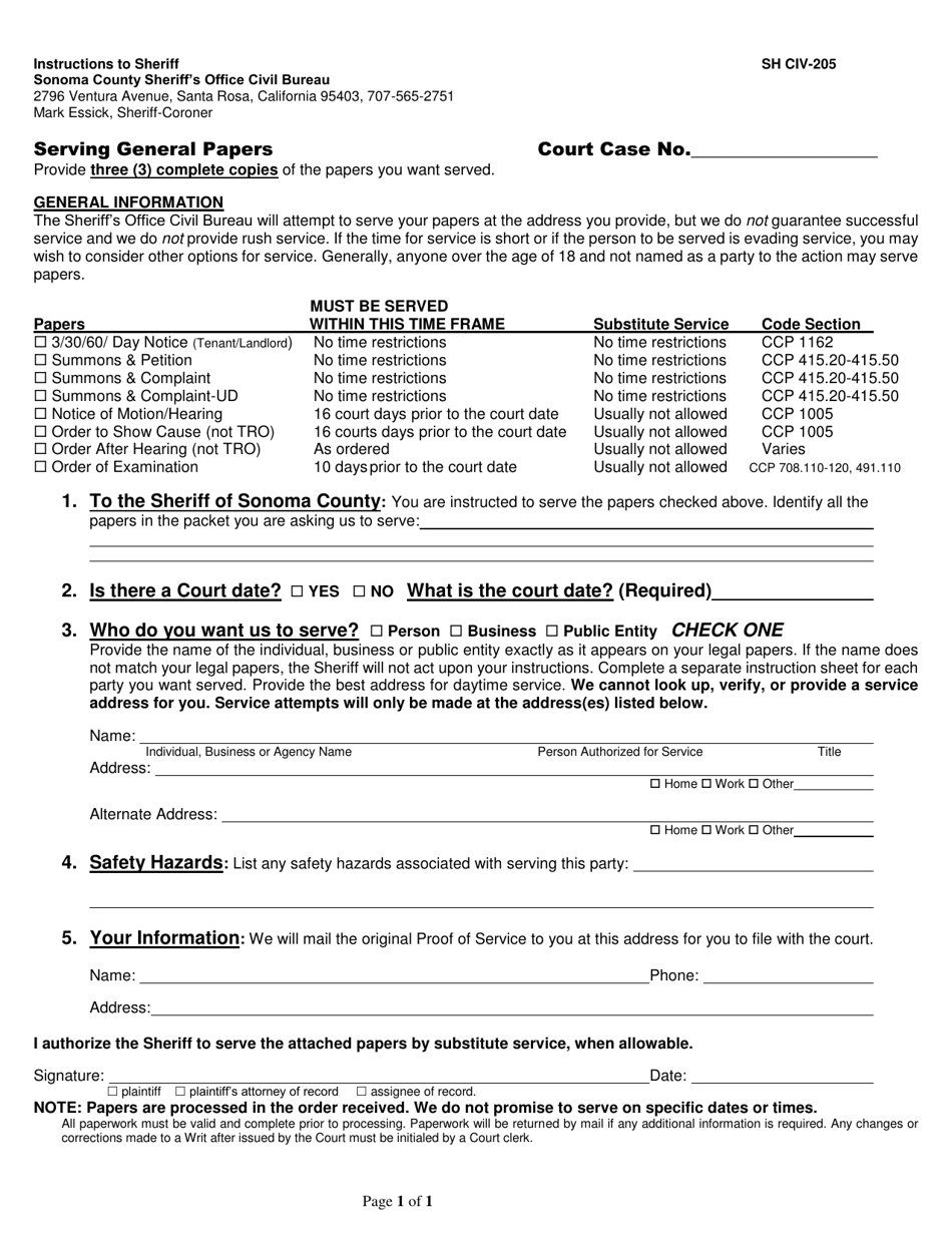 Form SH CIV-205 General Service Instructions - County of Sonoma, California, Page 1