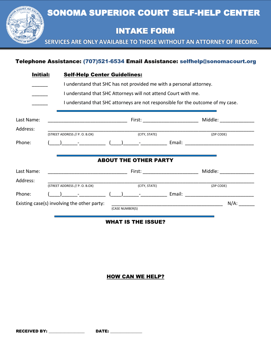 Sonoma Superior Court Self-help Center Intake Form - County of Sonoma, California, Page 1
