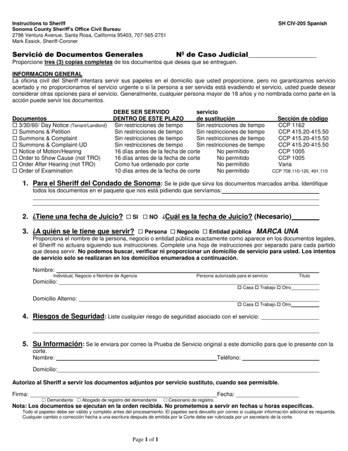 Formulario SH CIV-205 General Service Instructions - County of Sonoma, California (Spanish)