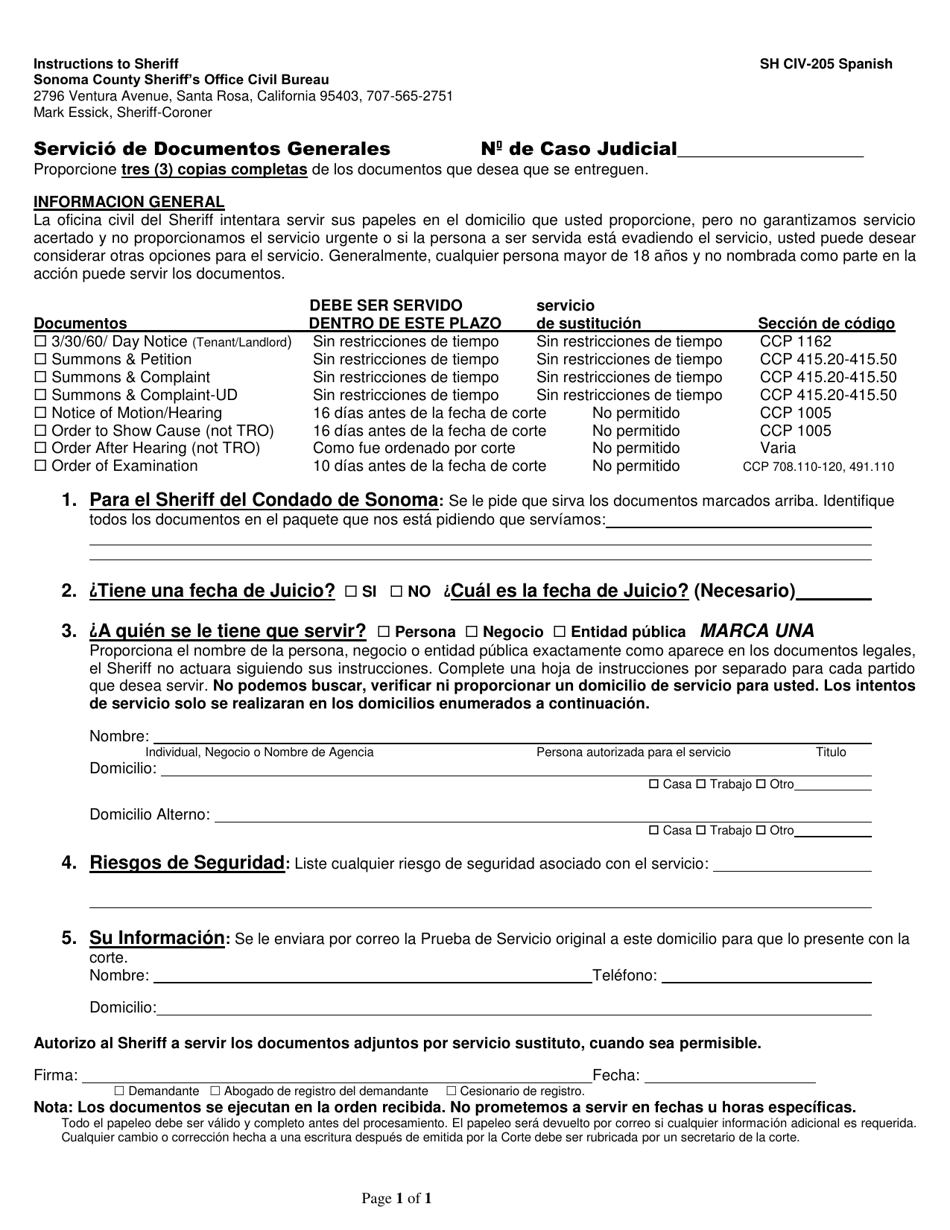 Formulario SH CIV-205 General Service Instructions - County of Sonoma, California (Spanish), Page 1