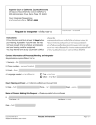 Document preview: Form INT-001 Request for Interpreter - County of Sonoma, California (English/Thai)