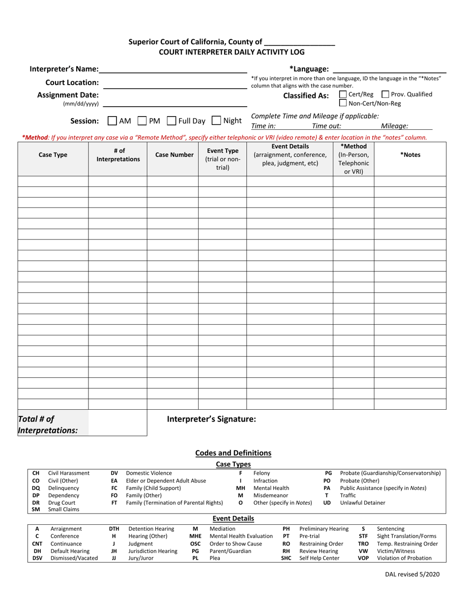 Court Interpreter Daily Activity Log - County of Sonoma, California, Page 1