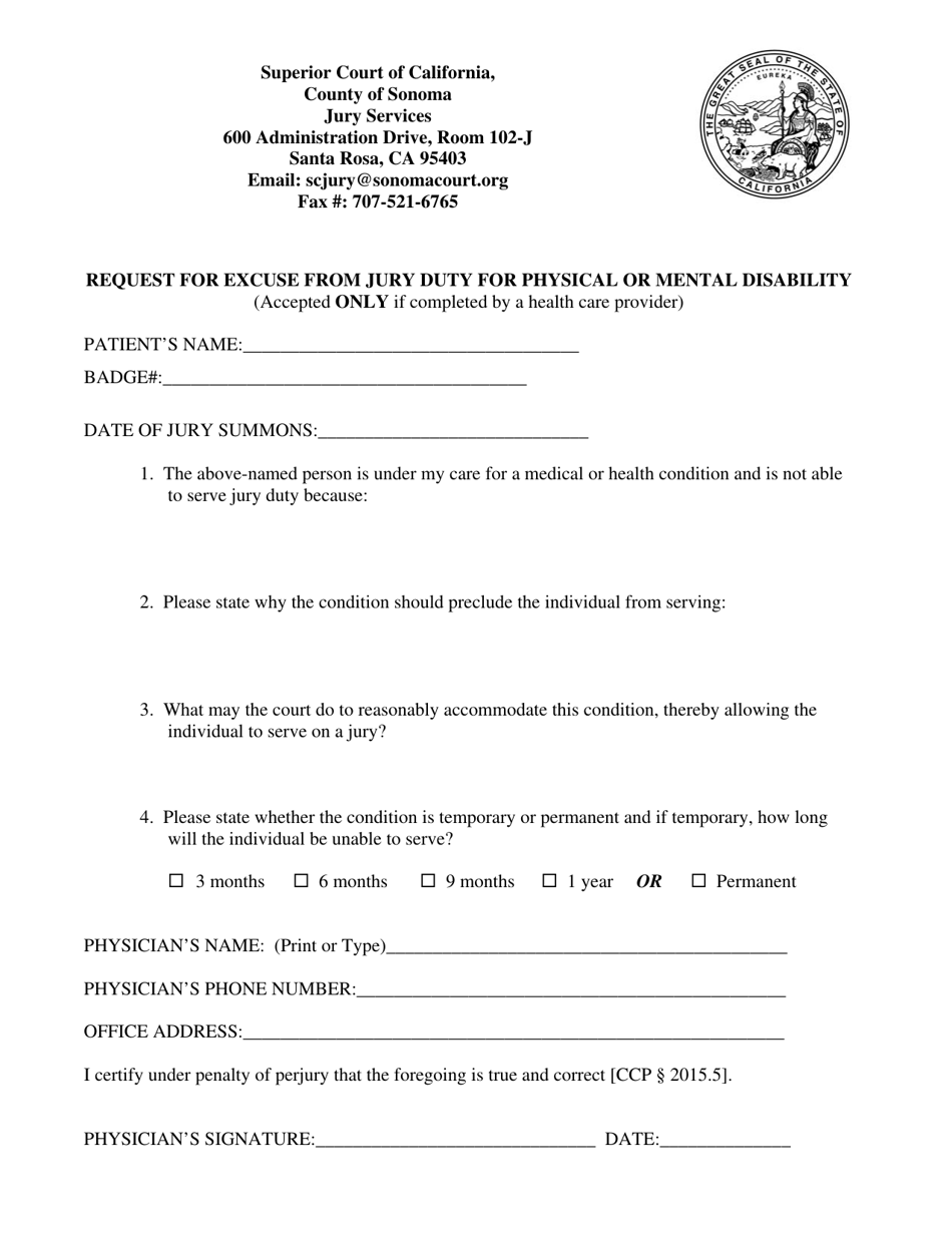 Request for Excuse From Jury Duty for Physical or Mental Disability - County of Sonoma, California, Page 1