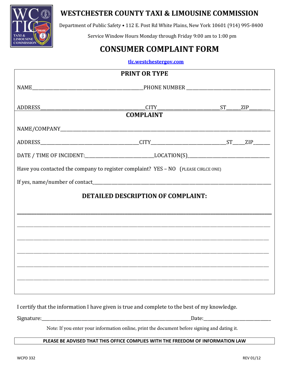 Form WCPD332 Consumer Complaint Form - Westchester County, New York, Page 1