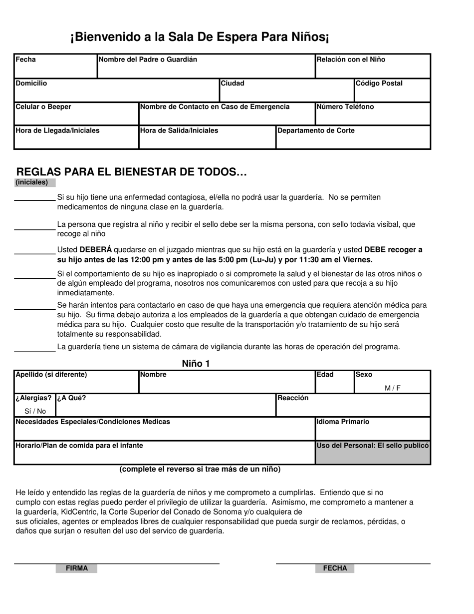 Contrato Y Formulario De Inscripcion - Sala De Espera Para Ninos (Sen) - County of Sonoma, California (Spanish), Page 1