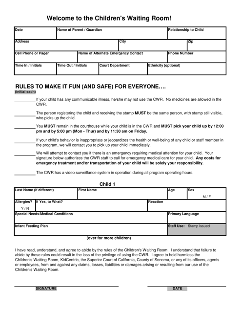 Registration Form and Contract - Children's Waiting Room (Cwr) - County of Sonoma, California