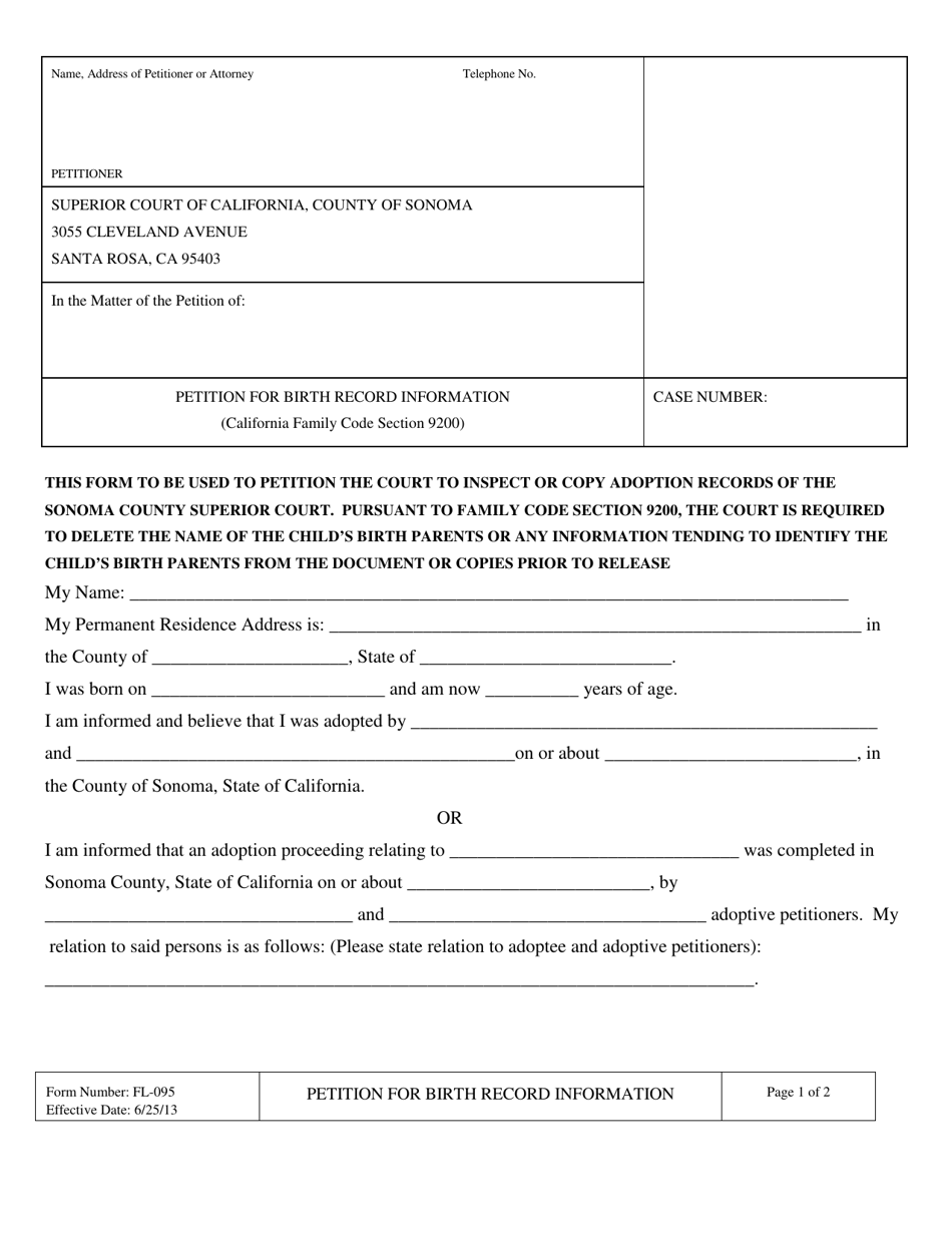 Form FL-095 Petition for Birth Record Information - County of Sonoma, California, Page 1