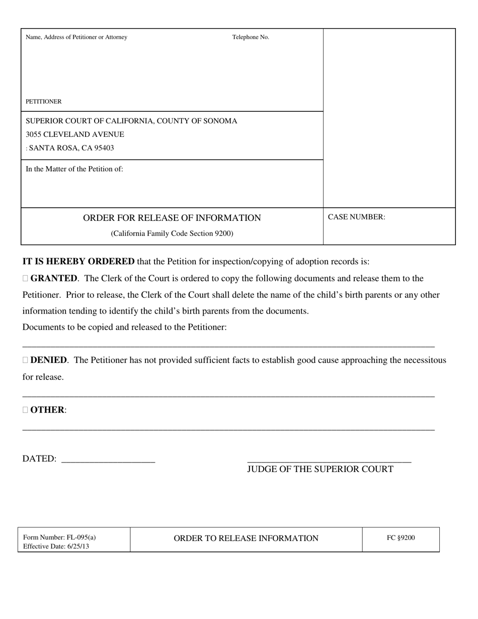 Form FL-095(A) Order for Release of Information - County of Sonoma, California, Page 1