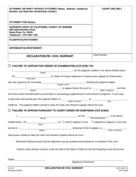 Document preview: Form CV-30 Declaration Re: Civil Warrant - County of Sonoma, California