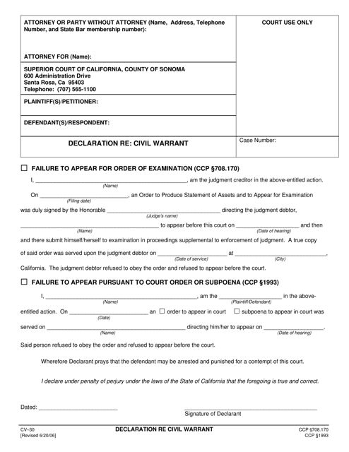 Form CV-30 Declaration Re: Civil Warrant - County of Sonoma, California