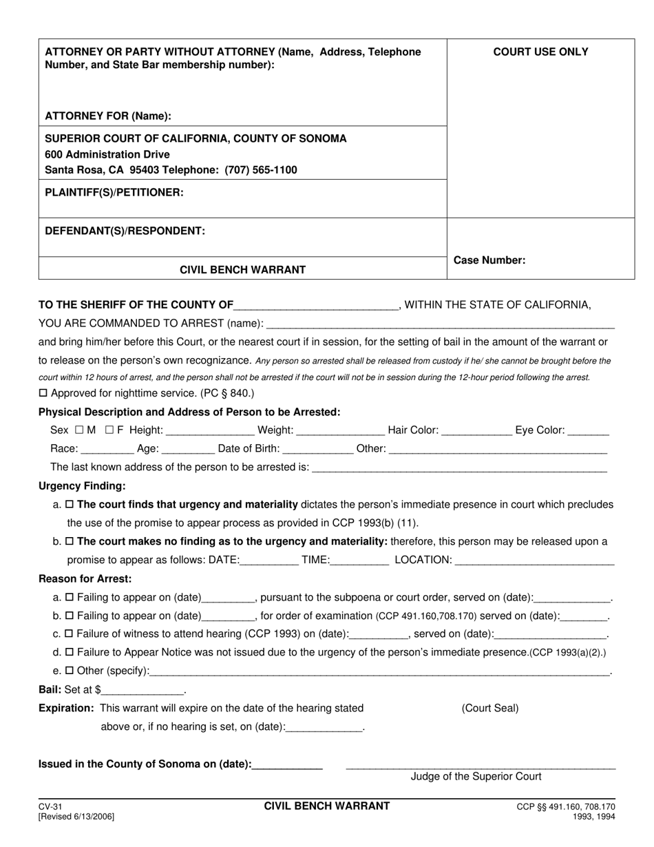 Form CV-31 Civil Bench Warrant - County of Sonoma, California, Page 1