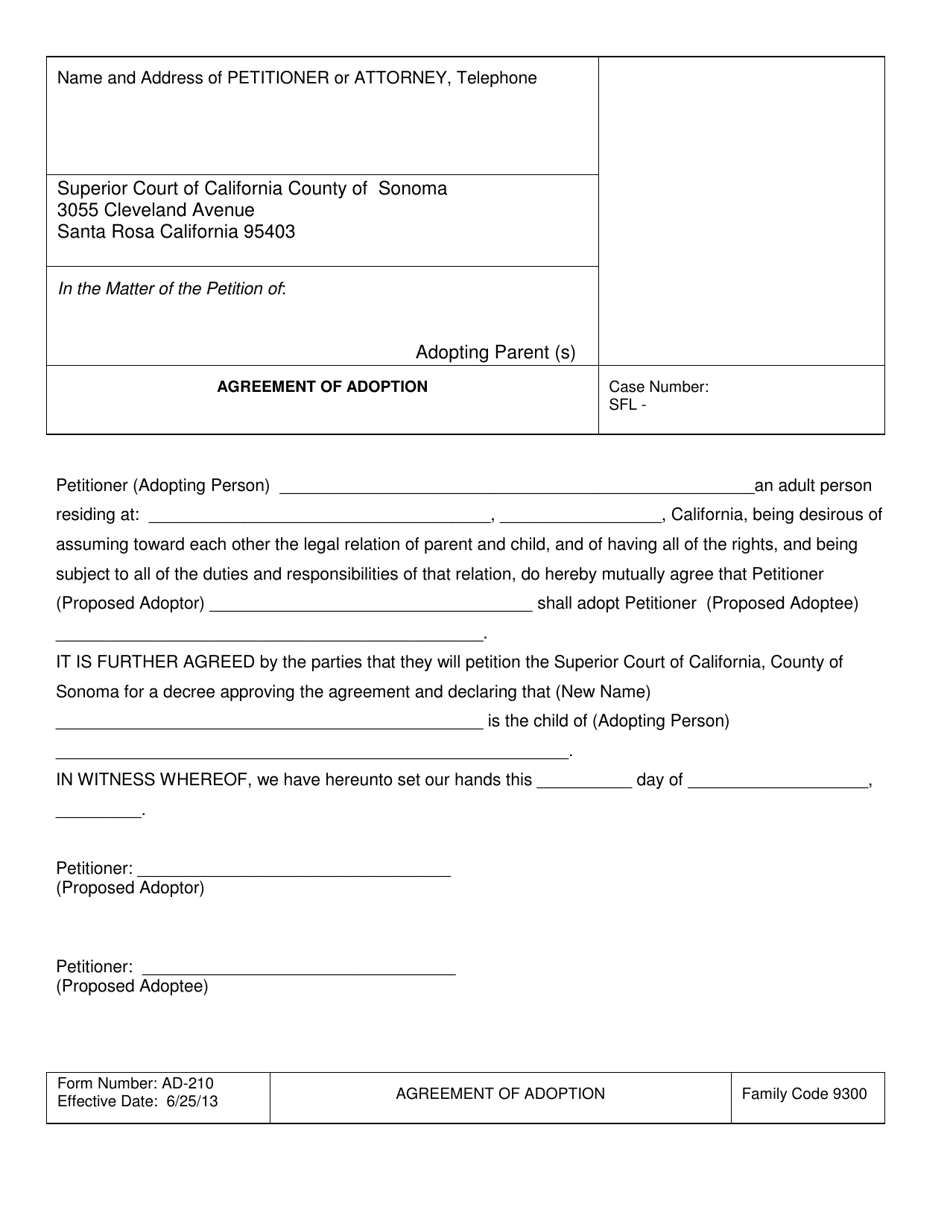 Form AD-210 Agreement of Adoption - County of Sonoma, California, Page 1