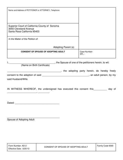 Form AD-2 Consent of Spouse of Adopting Adult - County of Sonoma, California