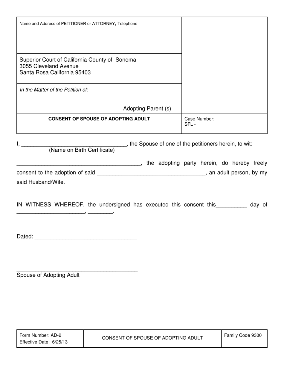 Form AD-2 Consent of Spouse of Adopting Adult - County of Sonoma, California, Page 1