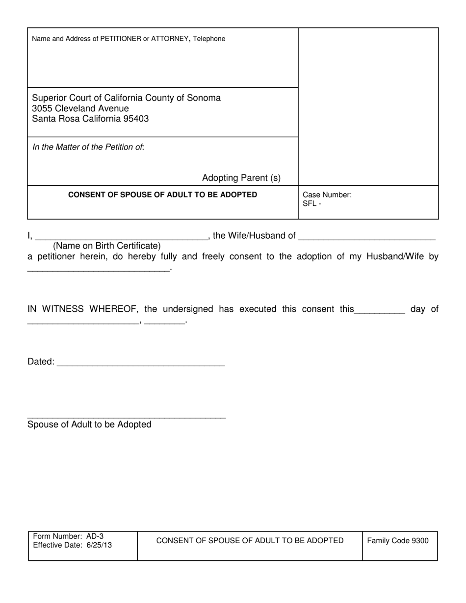 Form AD-3 Consent of Spouse of Adult to Be Adopted - County of Sonoma, California, Page 1