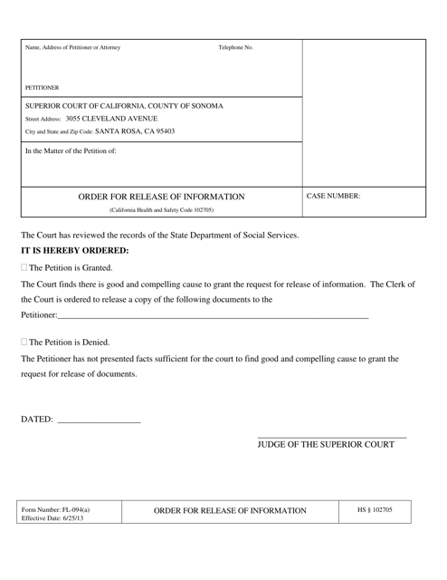 Form FL-094(A) Order for Release of Information - County of Sonoma, California