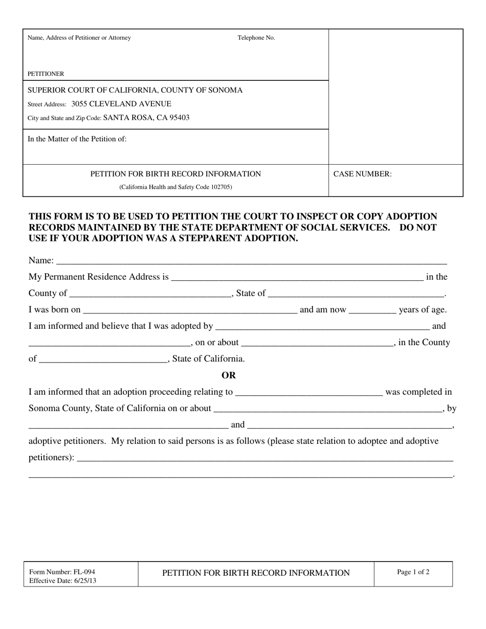 Form FL-094 Petition for Birth Record Information - County of Sonoma, California, Page 1