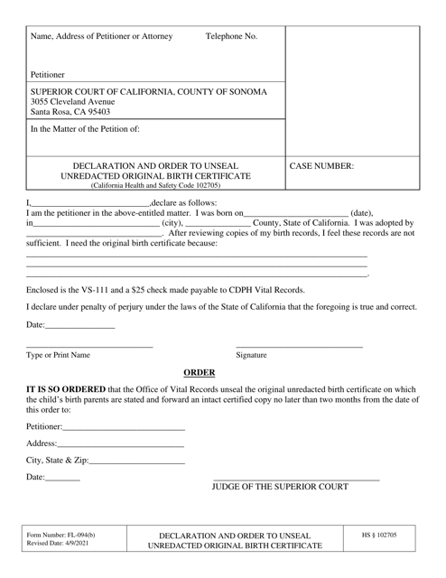 Form FL-094(B) Declaration and Order to Unseal Unredacted Original Birth Certificate - County of Sonoma, California