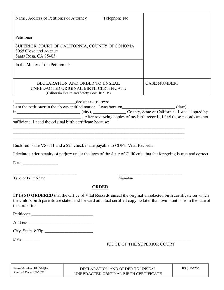 Form FL-094(B) Declaration and Order to Unseal Unredacted Original Birth Certificate - County of Sonoma, California, Page 1