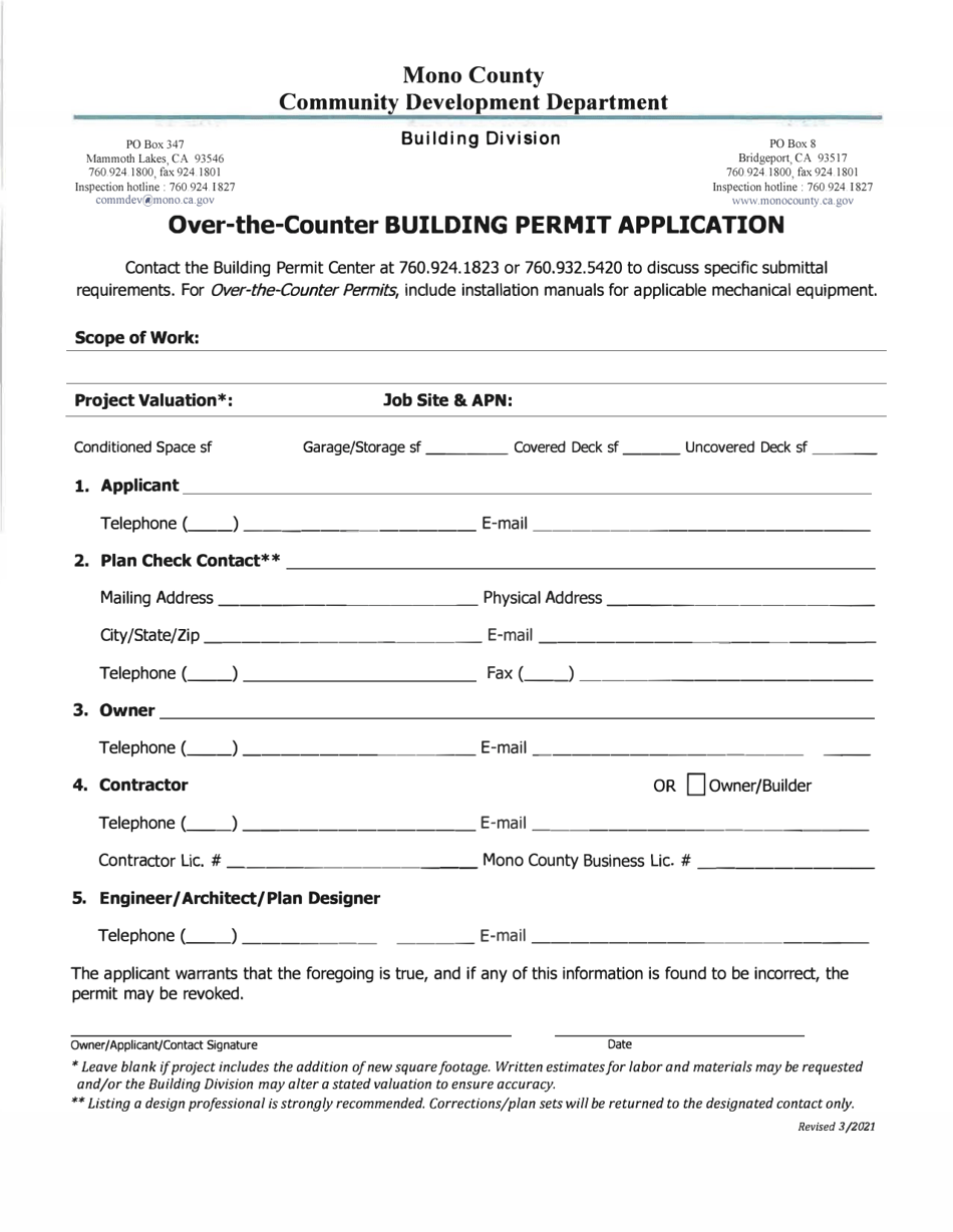 Over-the-Counter Building Permit Application for Licensed Contractors - Mono County, California, Page 1