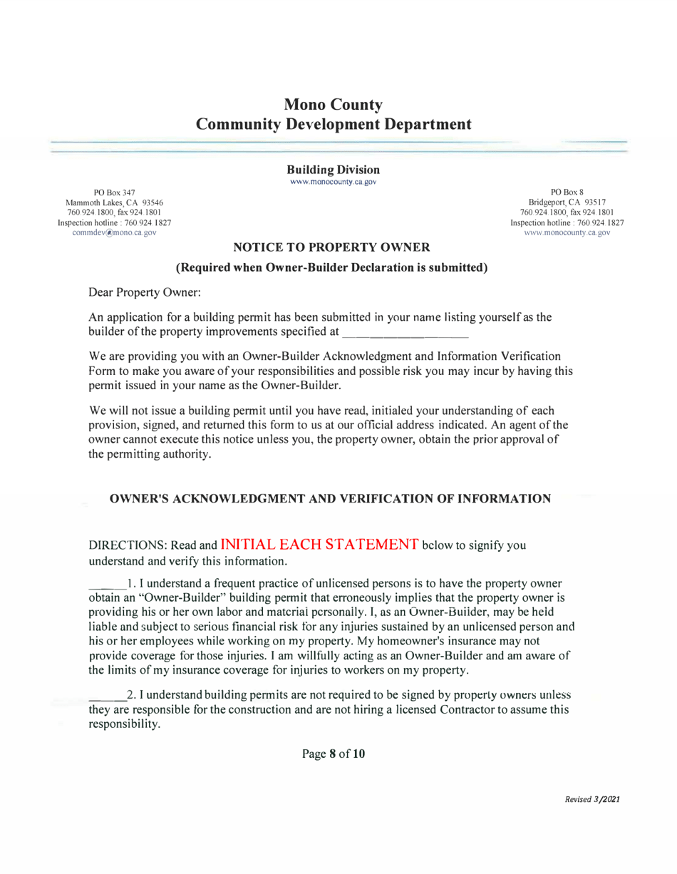 Over-the-Counter Building Permit Application for Owner Builders - Mono County, California, Page 5