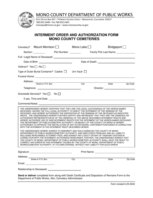 Interment Order and Authorization Form - Mono County Cemeteries - Mono County, California Download Pdf