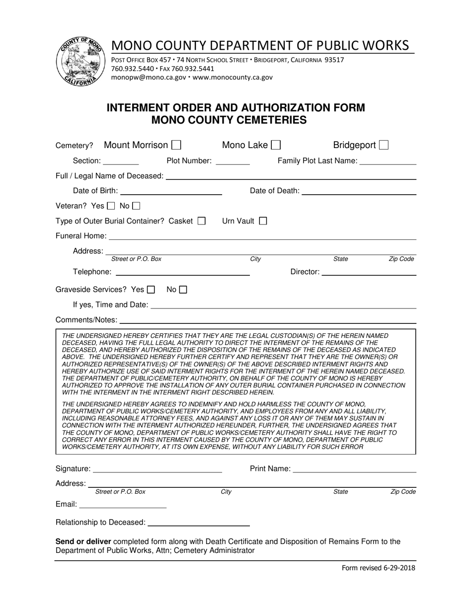 Interment Order and Authorization Form - Mono County Cemeteries - Mono County, California, Page 1