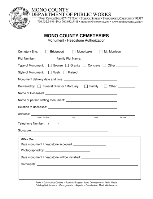 Monument / Headstone Authorization - Mono County, California Download Pdf
