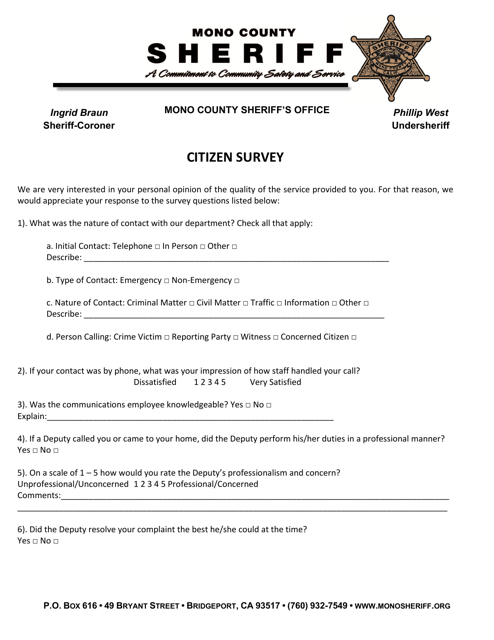 Citizen Survey Form - Mono County, California Download Pdf