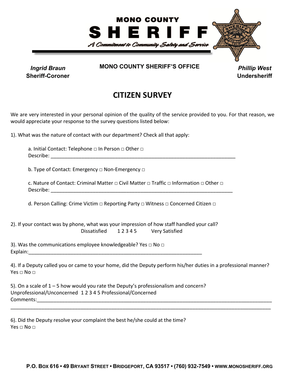 Citizen Survey Form - Mono County, California, Page 1