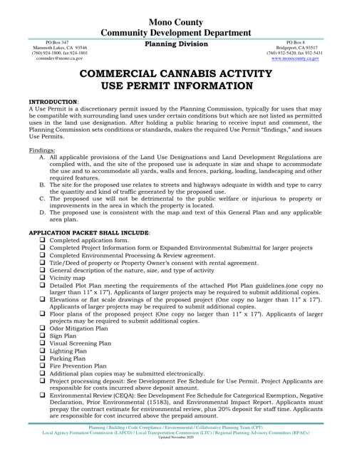 Commercial Cannabis Activity Use Permit Application - Mono County, California Download Pdf