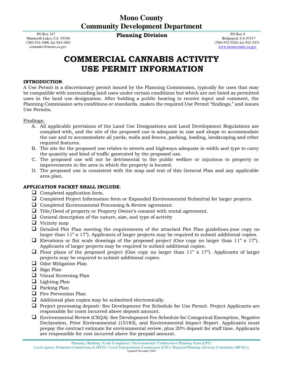 Commercial Cannabis Activity Use Permit Application - Mono County, California, Page 1