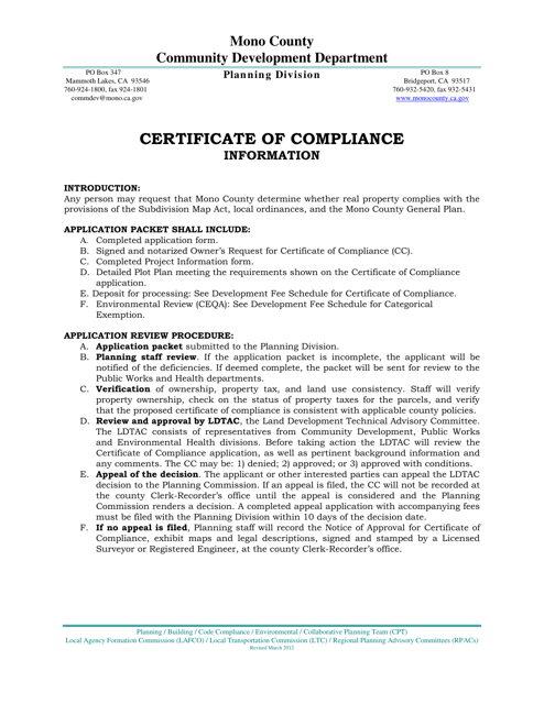 Certificate of Compliance - Mono County, California