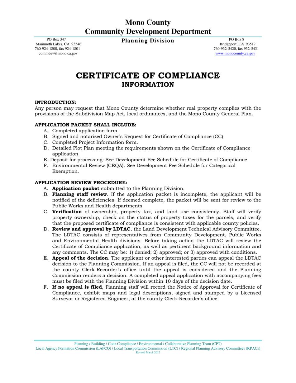 Certificate of Compliance - Mono County, California, Page 1