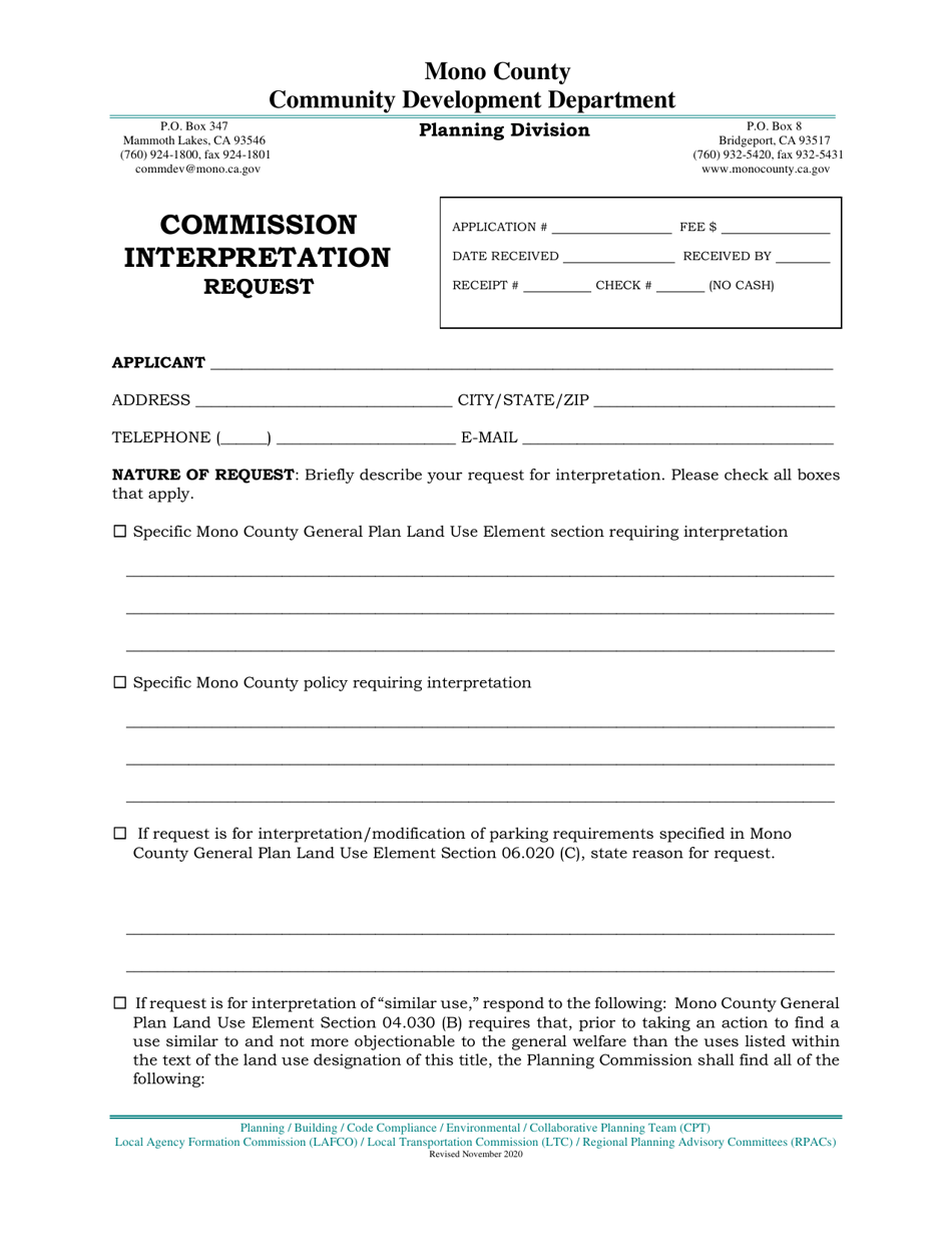 Mono County, California Commission Interpretation Request Fill Out