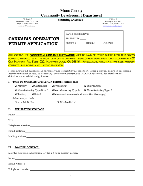 Cannabis Operation Permit Application - Mono County, California Download Pdf
