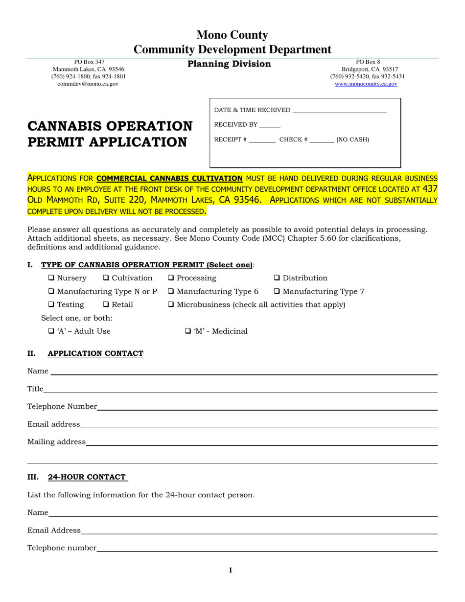 Cannabis Operation Permit Application - Mono County, California, Page 1