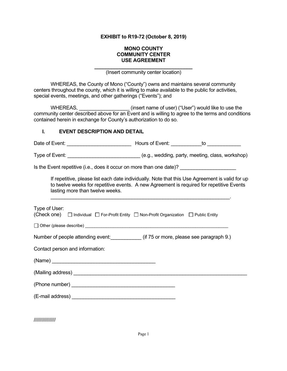 Mono County, California Community Center Use Agreement for All Centers