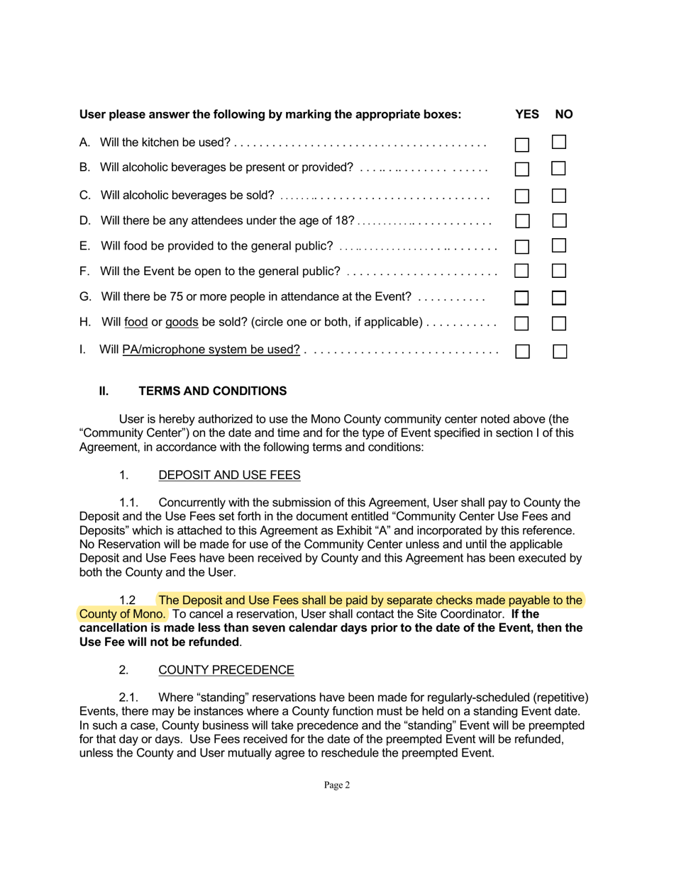 Community Center Use Agreement for All Centers Except Crowley Lake - Mono County, California, Page 2