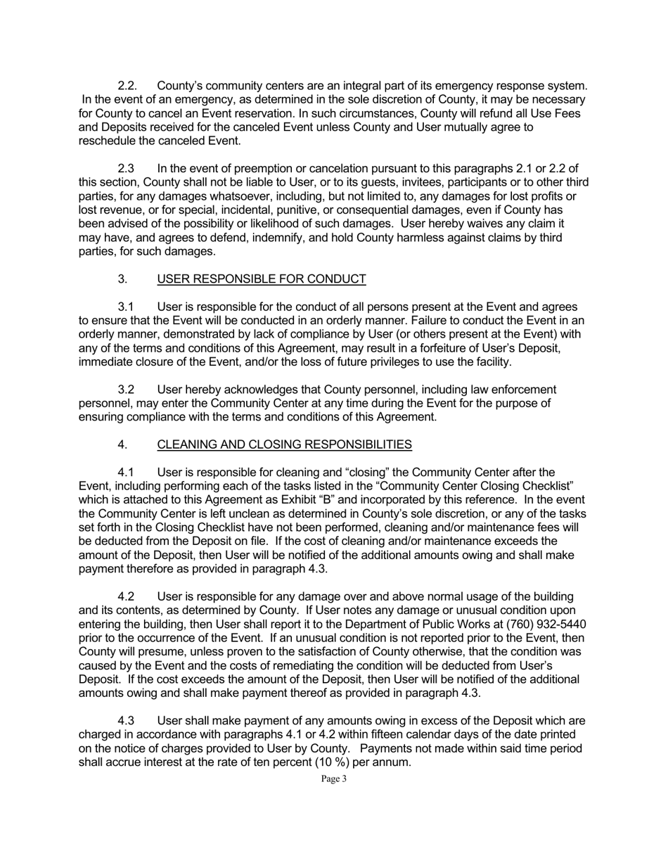 Community Center Use Agreement for All Centers Except Crowley Lake - Mono County, California, Page 3