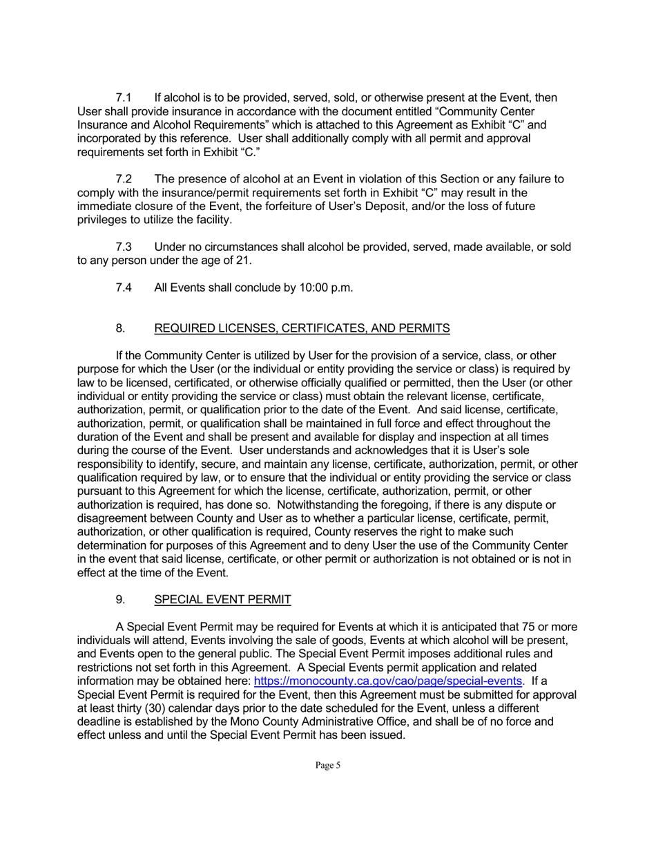 Community Center Use Agreement for All Centers Except Crowley Lake - Mono County, California, Page 5