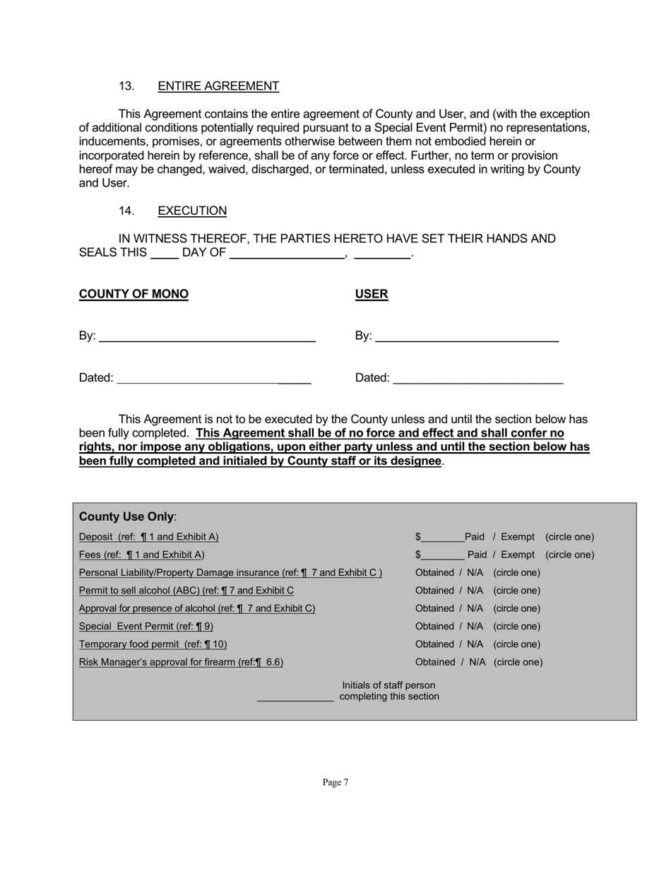 Community Center Use Agreement for All Centers Except Crowley Lake - Mono County, California, Page 7