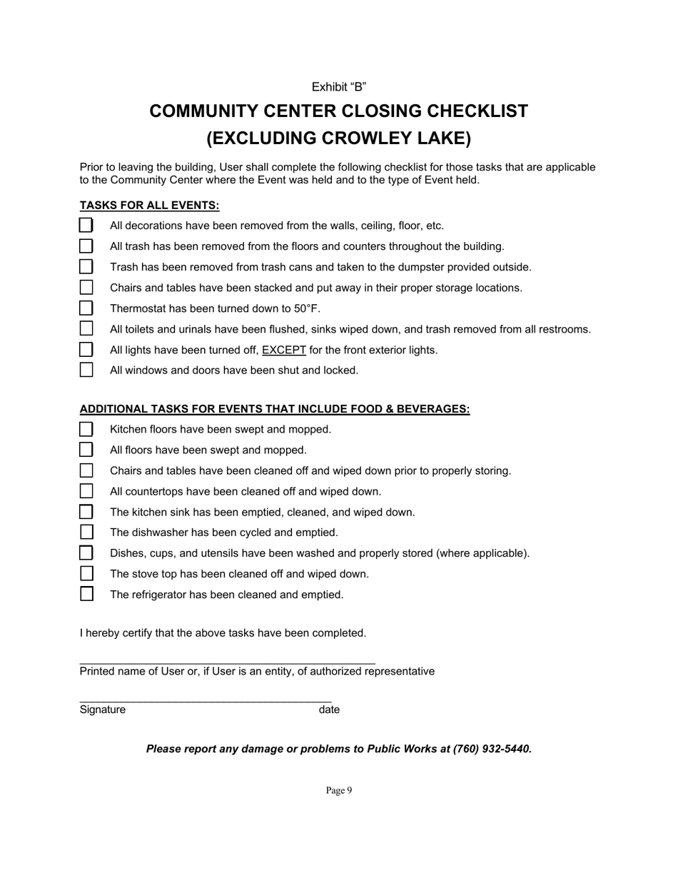 Community Center Use Agreement for All Centers Except Crowley Lake - Mono County, California, Page 9